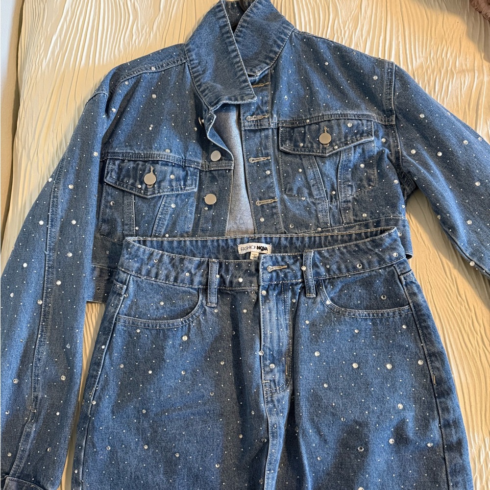 Bedazzled Denim Jacket and Skirt Set